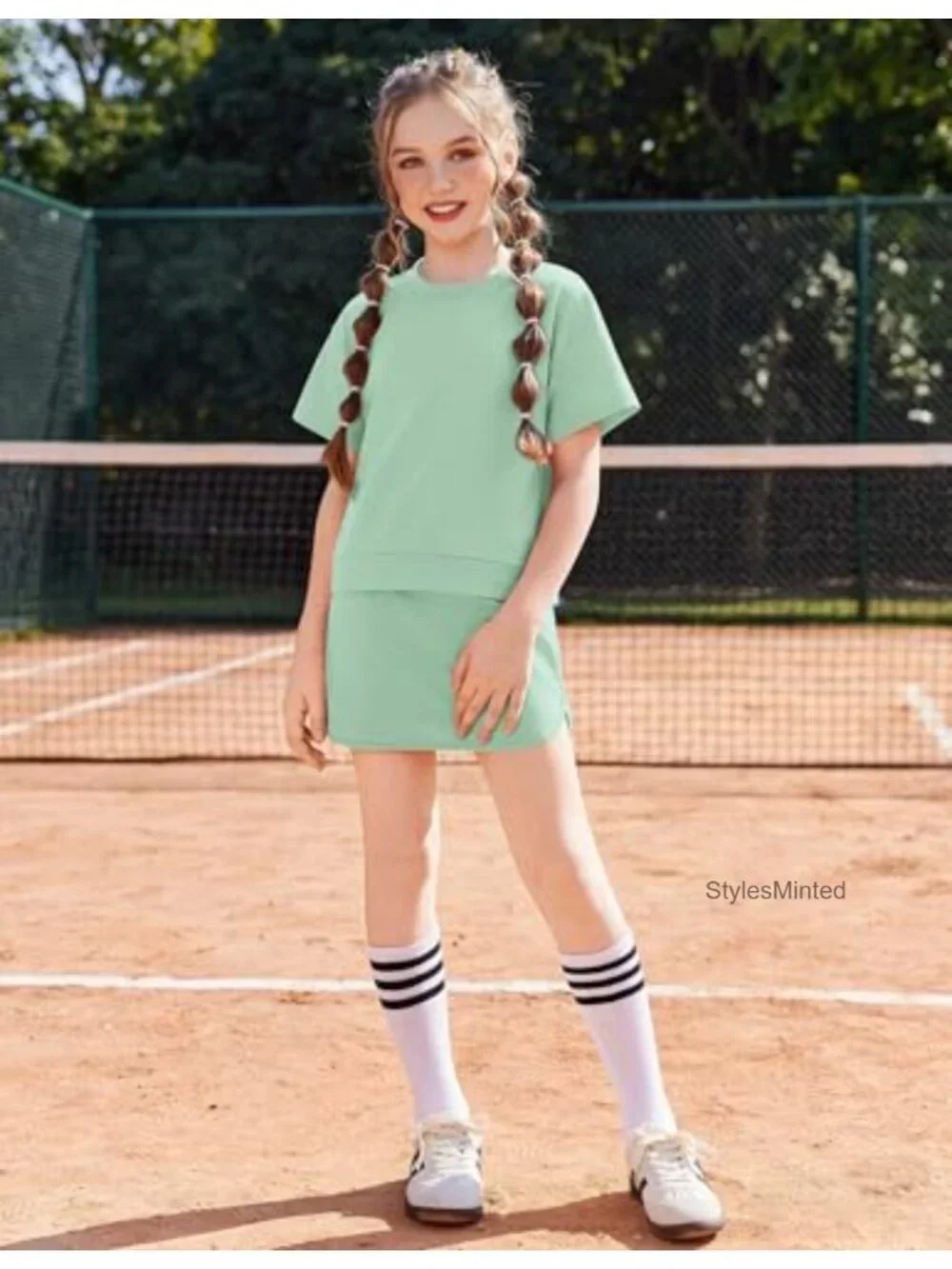 Girls 2 Piece Outfit Short Sleeve Drop Shoulder Athletic Skirt with Built-in